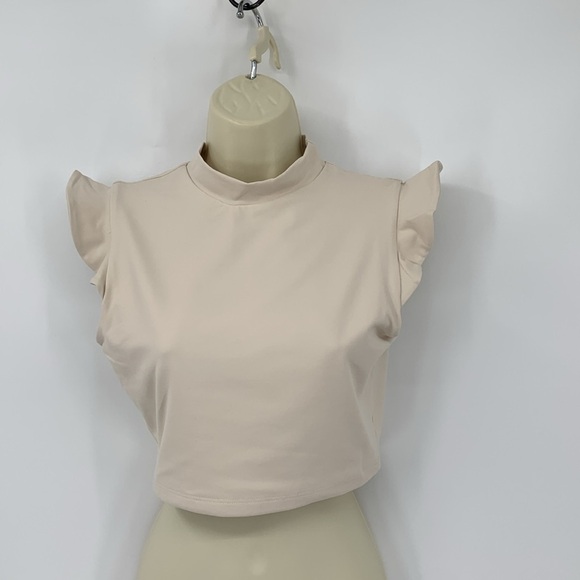Susana Monaco Mockneck ruffle crop top tan cream shirt jersey knit blouse new S - Picture 1 of 4